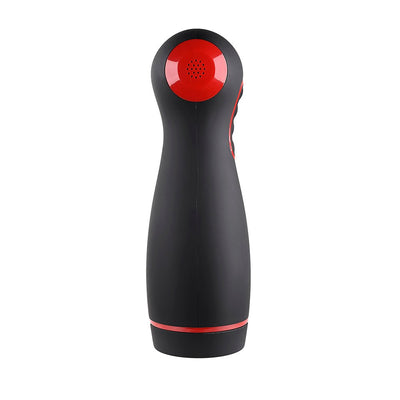 Black and red ergonomic rechargeable stroker with speaker and control buttons on the side.