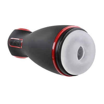 Black and red rechargeable vibrating stroker with soft removable sleeve and control buttons on the handle.