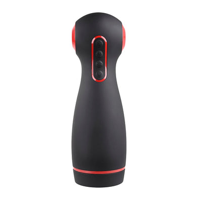 Black and red rechargeable vibrating stroker with ergonomic grip and control buttons on front panel