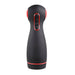 Black and red rechargeable vibrating stroker with ergonomic grip and control buttons on front panel