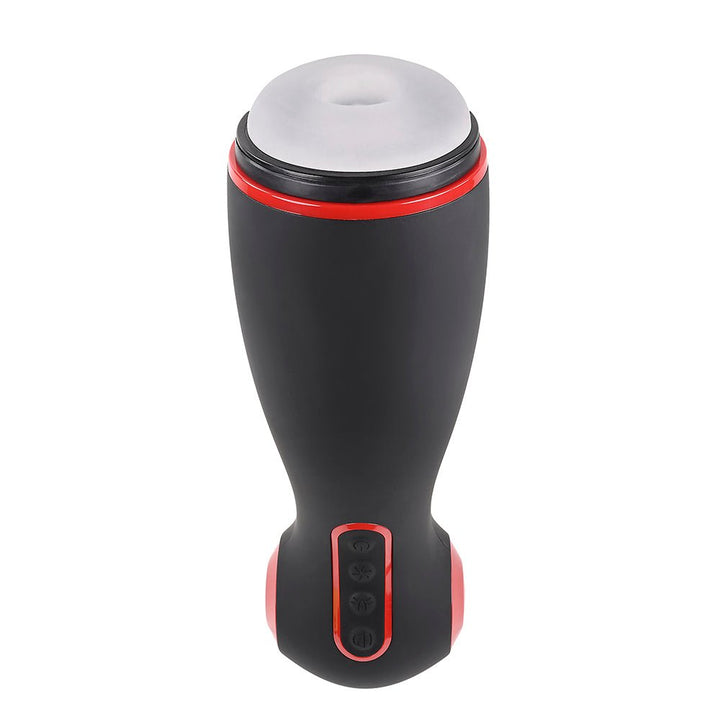 Black and red rechargeable vibrating stroker with white removable sleeve and control buttons on ergonomic handle