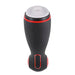 Black and red rechargeable vibrating stroker with white removable sleeve and control buttons on ergonomic handle
