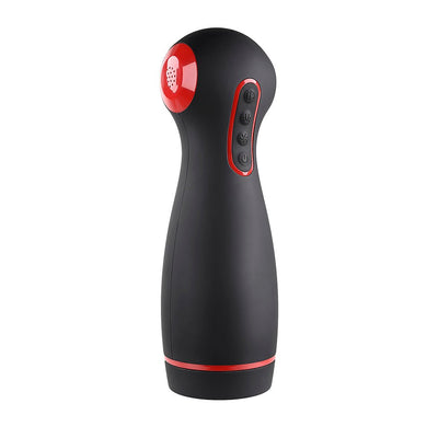Black and red ergonomic rechargeable stroker with control buttons and speaker grille on top.
