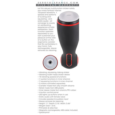 Black and red rechargeable vibrating stroker with ergonomic canister and removable white sleeve, shown with control panel and product features.