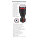 Black and red rechargeable vibrating stroker with ergonomic canister and removable white sleeve, shown with control panel and product features.