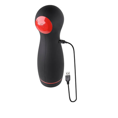 Black and red rechargeable vibrating stroker with USB charging cable and ergonomic design.