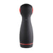 Black and red ergonomic rechargeable vibrating stroker with sleek silicone exterior and control buttons.