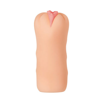 Compact flesh-toned Jenna Haze stroker with realistic vaginal opening and ergonomic textured grip design.
