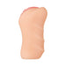 Compact flesh-toned stroker with textured grip and realistic vaginal opening detail on white background.
