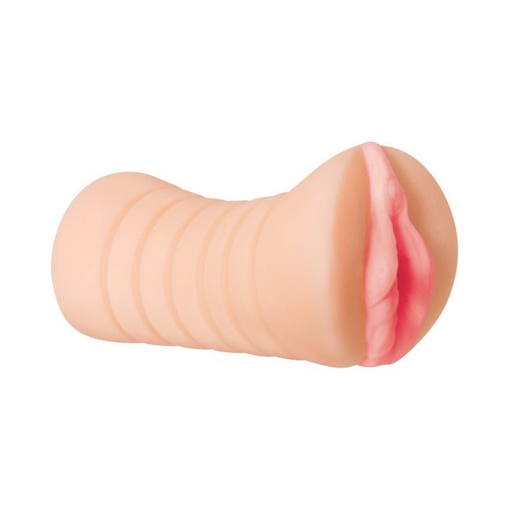 Realistic soft TPE vagina stroker with ergonomic grip and detailed vaginal opening design.