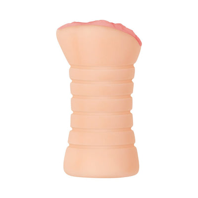 Compact flesh-toned stroker with textured grip and soft pink vaginal opening detail on white background.