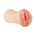 Realistic flesh-toned vagina stroker with pink detailed entrance and ergonomic grip handle.