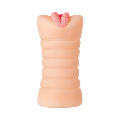 Compact flesh-toned stroker with ribbed ergonomic grip and realistic vaginal entry in soft pink tones.