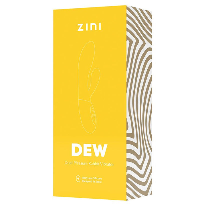 Packaging box of Zini Dew dual pleasure rabbit vibrator in bright yellow with white and beige abstract side design.
