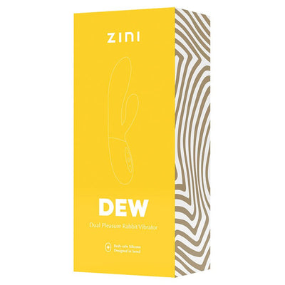 Packaging box of Zini Dew dual pleasure rabbit vibrator in bright yellow with white and beige abstract side design.