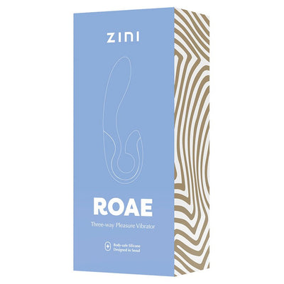 Packaging box of Zini Roae Pink three-way pleasure vibrator with blue front and abstract beige side design.
