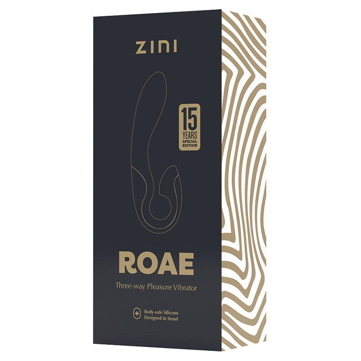 Zini Roae SE Black/Gold three-way pleasure vibrator packaging with elegant black and gold design celebrating 15 years special edition.