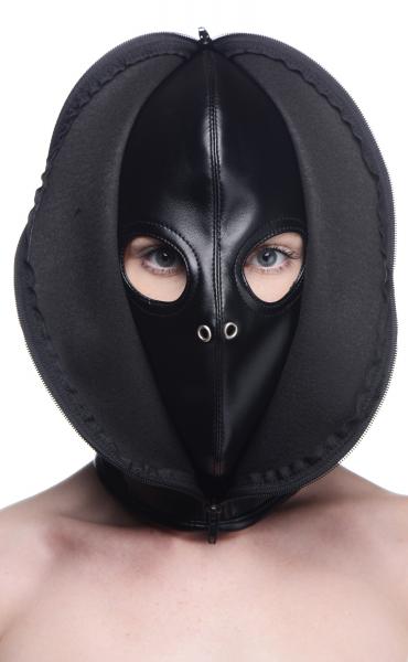 Black zip-front bondage hood with eye and breathing holes, shown partially unzipped on a model against white background.