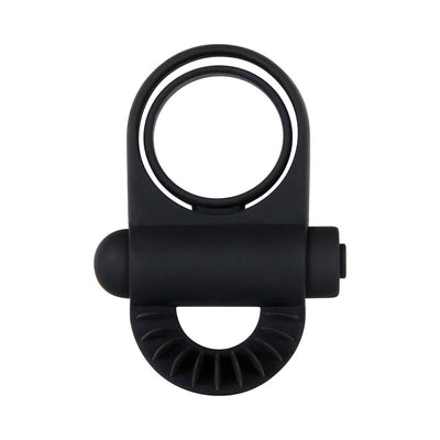 Black dual loop vibrating penis ring with textured clitoral stimulator and rechargeable bullet vibrator.