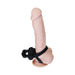 Black dual loop vibrating penis ring displayed on a realistic silicone model with textured surface.