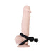 Black dual loop vibrating penis ring displayed on a realistic flesh-toned dildo with suction base.
