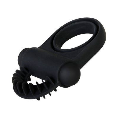 Black dual loop vibrating penis ring with textured ticklers and a removable bullet vibrator.