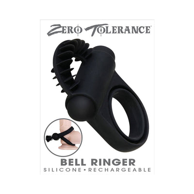 Black dual-loop silicone vibrating penis ring with textured ticklers and rechargeable bullet, shown with usage illustration.