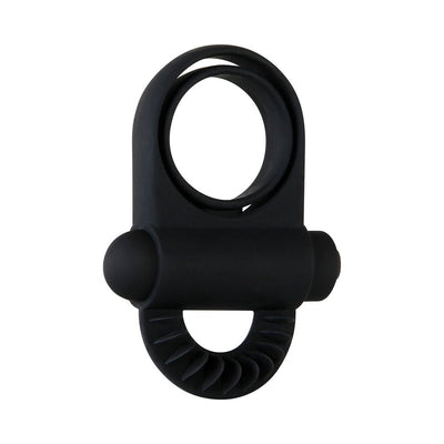 Black dual loop vibrating penis ring with textured ticklers and rechargeable bullet vibrator.