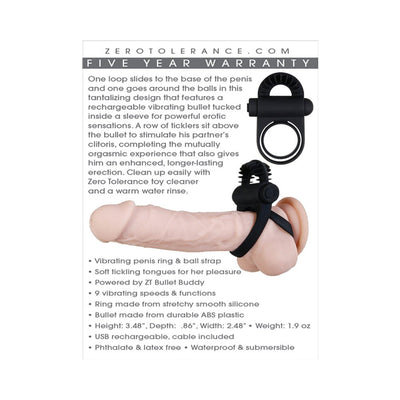 Black dual loop vibrating penis ring with ball strap and ticklers, shown on a realistic silicone model, with product features text.