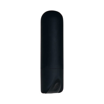 Sleek black rechargeable bullet vibrator with smooth silicone finish and power button detail.