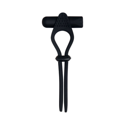 Black silicone cock tie with integrated bullet vibrator and adjustable strap on white background.
