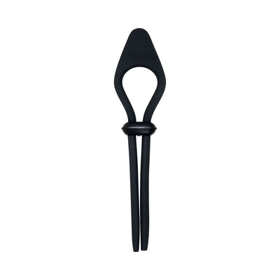 Black silicone cock tie with adjustable loop and integrated bullet vibrator, sleek and smooth design.