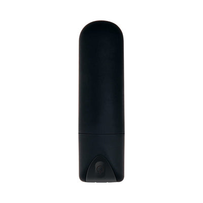 Sleek black rechargeable bullet vibrator with smooth silicone finish and power button at the base.