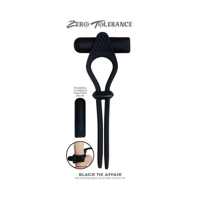 Black silicone rechargeable cock tie with powerful 10-speed bullet vibrator by Zero Tolerance.