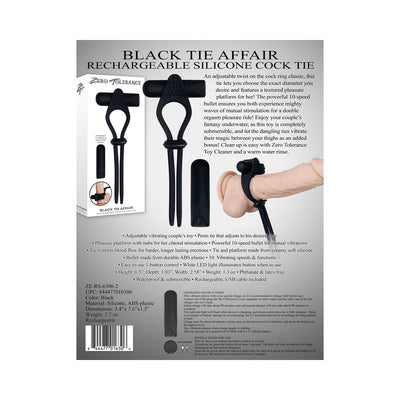 Packaging and product image of ZT Black Tie Affair rechargeable silicone cock tie with bullet vibrator and usage instructions.