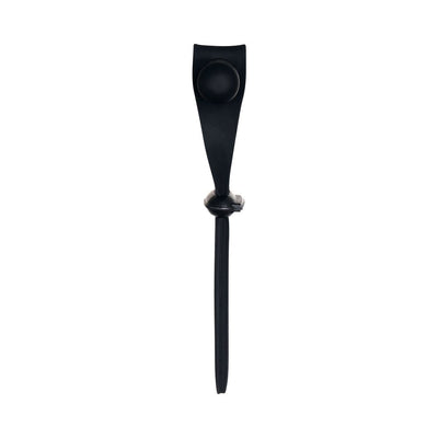 Black silicone cock tie with integrated bullet vibrator and adjustable strap on white background.