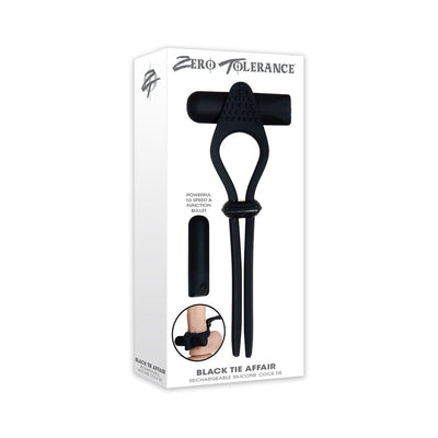 Packaging of ZT Black Tie Affair rechargeable silicone cock tie with bullet vibrator and adjustable strap in black.