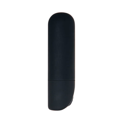 Sleek black rechargeable bullet vibrator with smooth silicone finish and compact design.