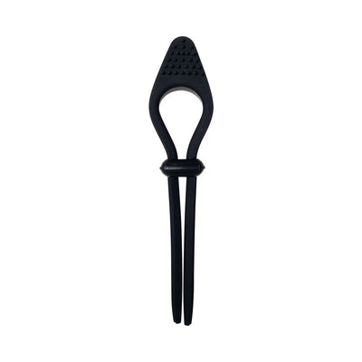 Black silicone adjustable cock tie with textured tip and integrated bullet vibrator.