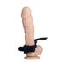 Black silicone cock tie with bullet vibrator displayed on a realistic flesh-toned model with suction base.