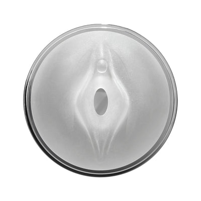 Top view of a white dual-entry pleasure ring with a smooth, contoured surface and chrome-finished edge.