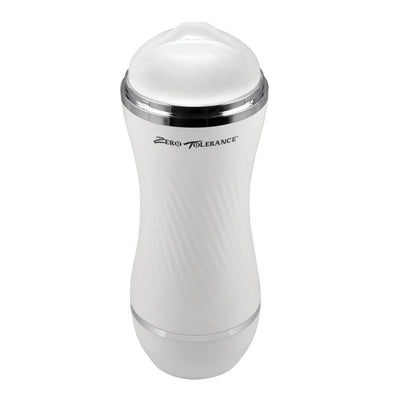 White dual-ended stroker with ergonomic grip and chrome accents from Zero Tolerance, featuring a soft textured sleeve.