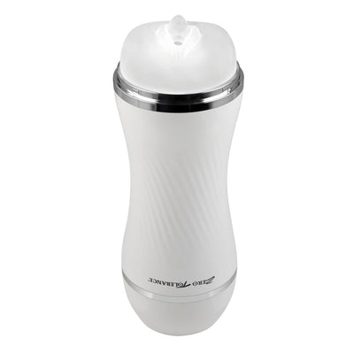 White dual-ended stroker with textured grip and chrome accents, featuring a soft, lifelike entry sleeve.