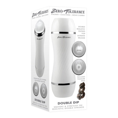 White dual-ended stroker with pleasure ring, packaged in a box showing realistic entry designs and product features.