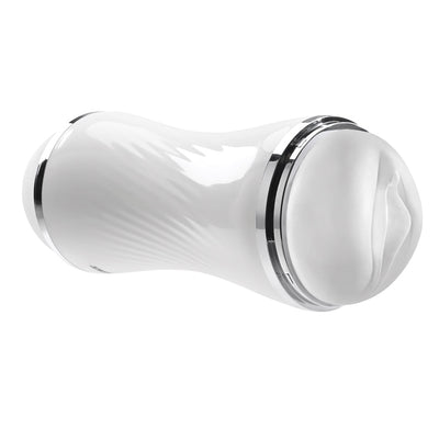 White dual-ended stroker with a sleek contoured canister and chrome accents for comfortable grip and easy cleaning.