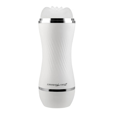 White dual-ended stroker with textured silicone sleeve and chrome accents, ergonomic design for comfortable grip.