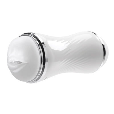 White dual-ended stroker with chrome accents and lifelike oral and vaginal entry textures.