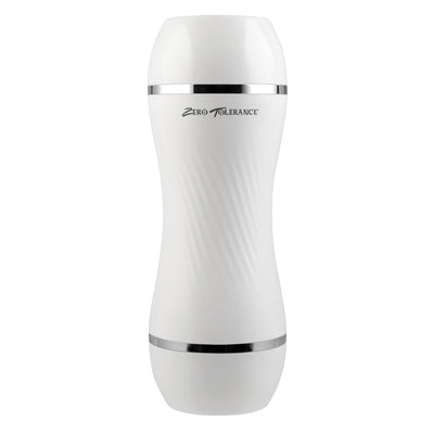 White dual-ended stroker with ergonomic shape and chrome accents by Zero Tolerance, designed for discreet use and easy cleaning.