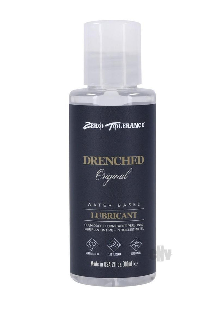 Bottle of Zero Tolerance Drenched Original water-based personal lubricant 2oz with black label and clear cap