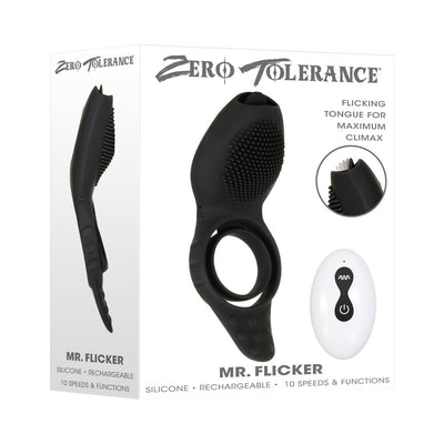 Black silicone vibrating cock ring with textured surface and ergonomic remote control on white packaging box.